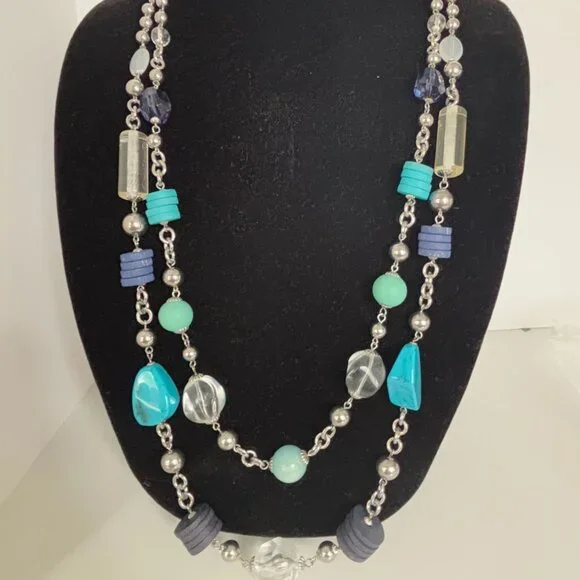 Chicos Long Necklace Multi-Bead Faux Gemstone Silver Chain Contemporary 40" Blue - Picture 8 of 8
